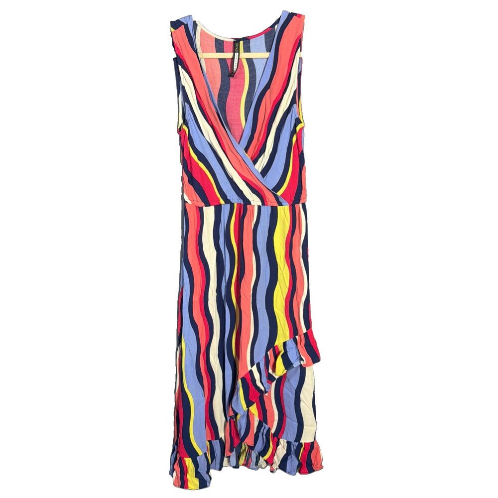 Plenty by Tracey Reese Daphne Wavy Striped Faux Wrap Ruffle Midi Dress Small